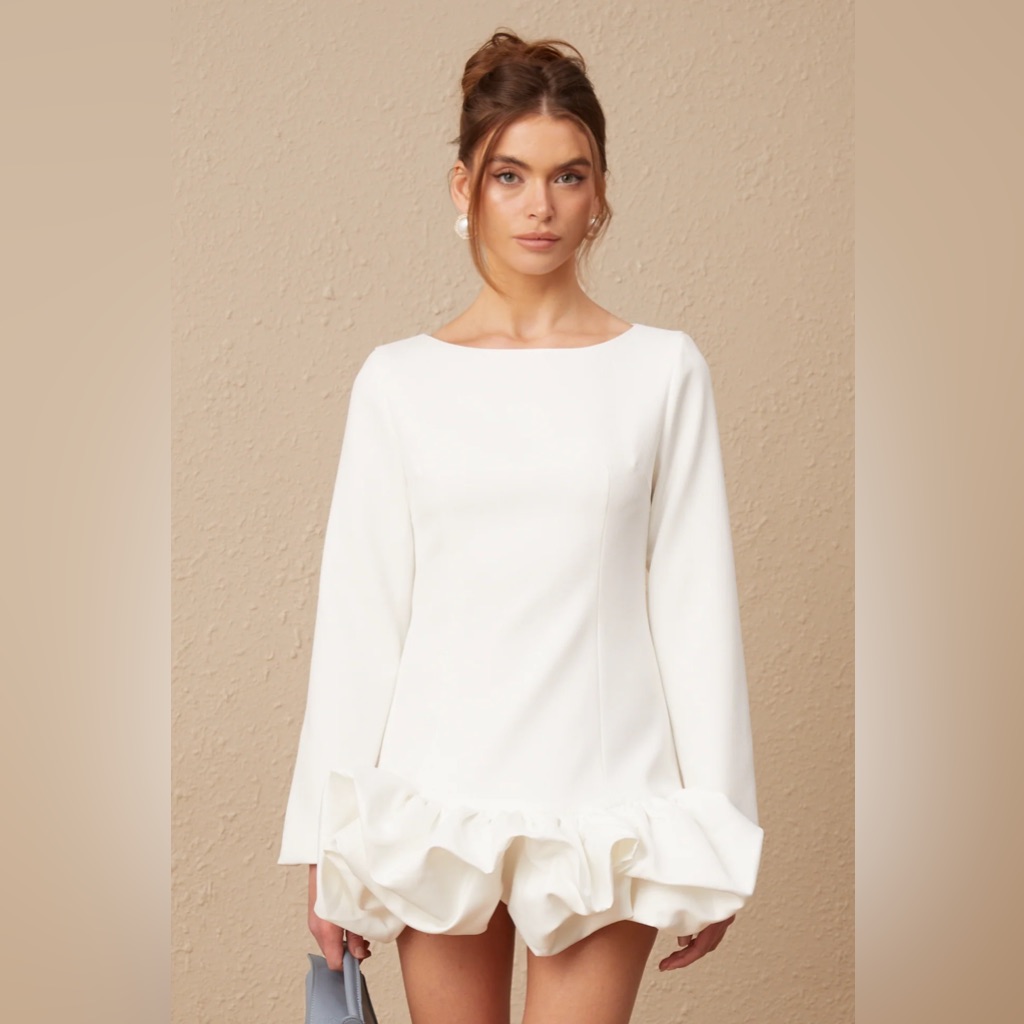 White Ruffle-Hem Long Sleeve Wedding Dress